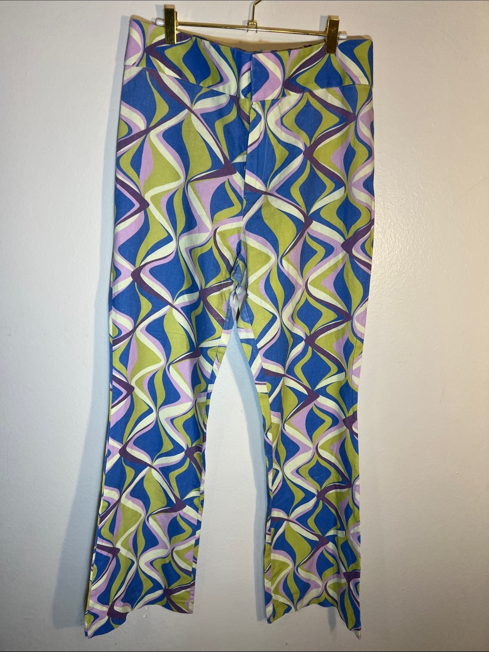 Zara Boot-Cut Groovy Retro Linen Pants in Blue, Green Lilac Geometric Print XL